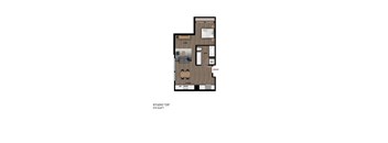 A floor plan of a studio apartment with a kitchen, living room, and bathroom.