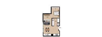 A floor plan of a living space with a kitchen, bathroom, and entry.
