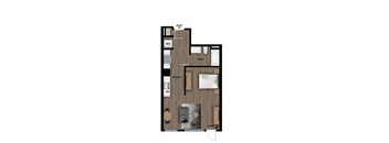 A floor plan of a house with a living room, kitchen, and bathroom.
