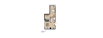 A floor plan of a studio apartment with a living area, kitchen, bathroom, and entry.