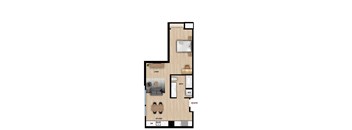 A floor plan of a home with a living room, kitchen, and bathroom.