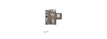A floor plan of a studio apartment with a kitchen, living room, and bathroom.