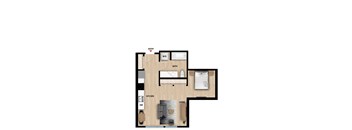 A floor plan of a house with a living room, kitchen, bathroom, and entry.