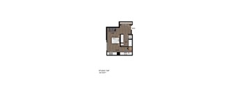 A floor plan of a studio apartment with a living area, kitchen, and bathroom.