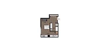 A floor plan of a small apartment with a living room, kitchen, and bathroom.