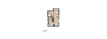 A floor plan of a studio apartment with a bath, kitchen, and living room.
