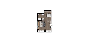A floor plan of a house with a living room, kitchen, bathroom, and entry.