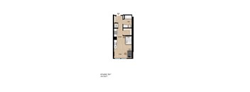 A floor plan of a one bedroom apartment with a living area and kitchen.