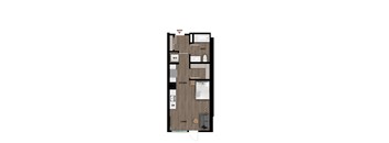 A floor plan of a small apartment with a living room, kitchen, and bathroom.