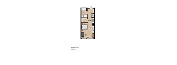 A floor plan of a studio apartment with a bathroom, kitchen, and living room.