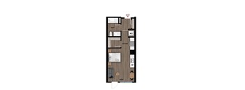 A floor plan of a small apartment with a living area, kitchen, and bathroom.