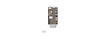 A floor plan of a studio apartment with a living room, kitchen, and bathroom.