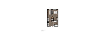 A floor plan of a studio apartment with a living room, kitchen, and bathroom.