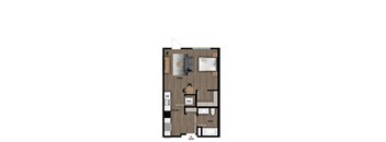 A floor plan of a small apartment with a living room, kitchen, bathroom, and entry.