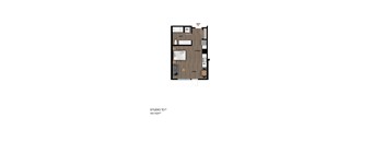 A floor plan of a studio apartment with a bathroom, kitchen, and living room.