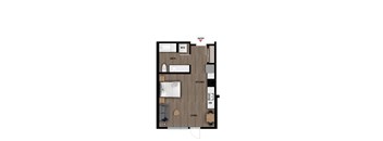 A floor plan of a small apartment with a living area, kitchen, and bathroom.