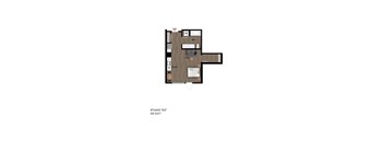A floor plan of a studio apartment with a kitchen, living room, and bathroom.
