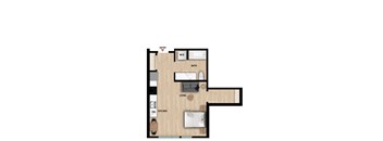 A floor plan of a house with a living room, kitchen, bathroom and an entry point.