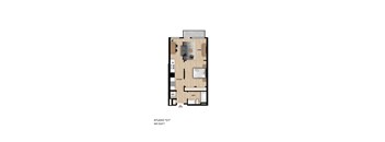 A floor plan of a studio apartment with a kitchen, living room, and bathroom.