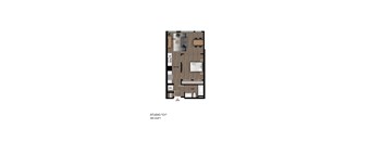 A floor plan of a one-bedroom studio apartment.