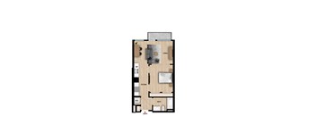 A floor plan of a living space with a kitchen and bathroom.