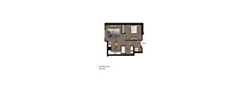 A floor plan of a studio apartment with a kitchen, living room, and bathroom.