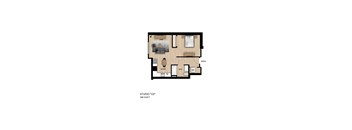 A floor plan of a studio apartment with a living room, kitchen, and bathroom.