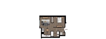 A floor plan of a living space with a kitchen, bathroom, and entry.