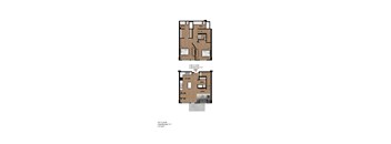 A drawing of a two-story house with two bedrooms and a living room.