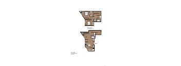 A floor plan of a two bedroom apartment with a living room and kitchen.