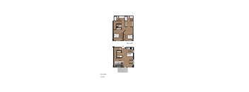 A floor plan of a two-story apartment with a living room, kitchen, and bathroom on the first floor, and a bedroom on the second floor.