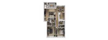 A floor plan of a small apartment with a kitchen, living room, and two bedrooms.