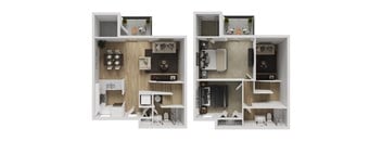 A diagram of a two-bedroom apartment with a kitchen and living room.