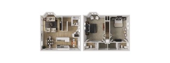 A floor plan of a two-bedroom apartment with a kitchen and living room.