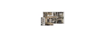 A 3D floor plan of a small apartment with a kitchen, living room, and bedroom.