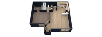 A black and wood floor plan of a house with a kitchen, living room, and bathroom.