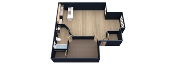 A 3D floor plan of a small apartment with a kitchen, living room, and bathroom.