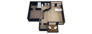 A 3D floor plan of a house with a kitchen, living room, and two bedrooms.