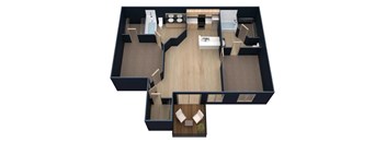 A 3D floor plan of a house with a kitchen, living room, and two bedrooms.