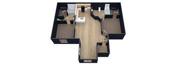 A black and wood floor plan of a house with a kitchen, living room, and two bedrooms.