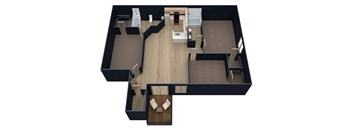 A 3D layout of a house with a kitchen, living room, and two bedrooms.
