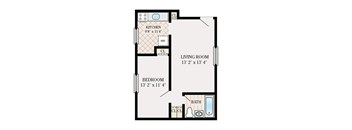 A floor plan of a small apartment with a kitchen, living room, bedroom, and bathroom.