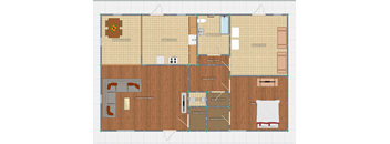 A floor plan of a house with labeled rooms and furniture.