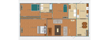 A floor plan of a house with a kitchen, living room, and two bedrooms.