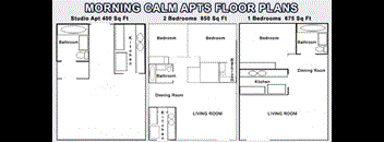 A set of three floor plans for apartment layouts ranging from 400 to 675 square feet.