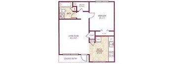 A floor plan of a small apartment with a living room, kitchen, and bathroom.
