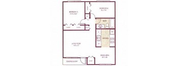 A floor plan of a house with a living room, dining area, kitchen, and two bedrooms.