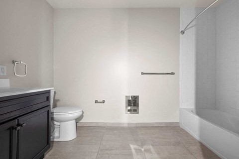 A bathroom with a toilet, a shower, and a cabinet.