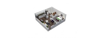 A 3D floor plan of a small apartment with a kitchen, living room, and bedroom.