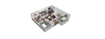 A 3D floor plan of a house with a kitchen, living room, and two bedrooms.